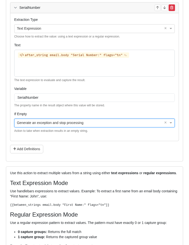 Extract Strings configured to capture a required serial number and generate an exception when it is missing.