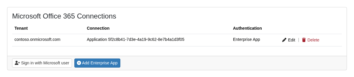 Add Enterprise App button in the Microsoft Office 365 Connections pane