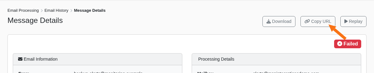 Copy URL button on the Message Details page