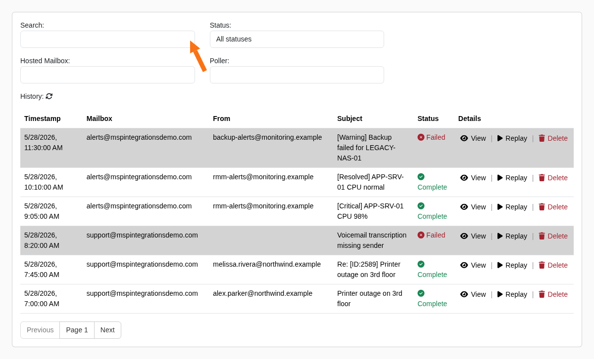 Email Processing History list with search and filters
