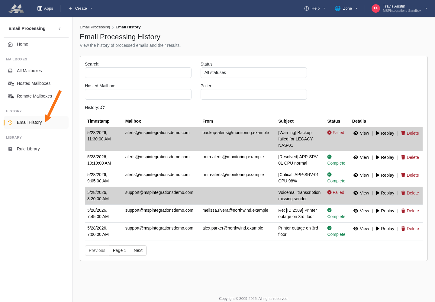 Email History in the Email Processing sidebar