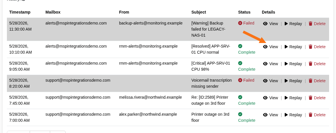 View action for an Email Processing history row